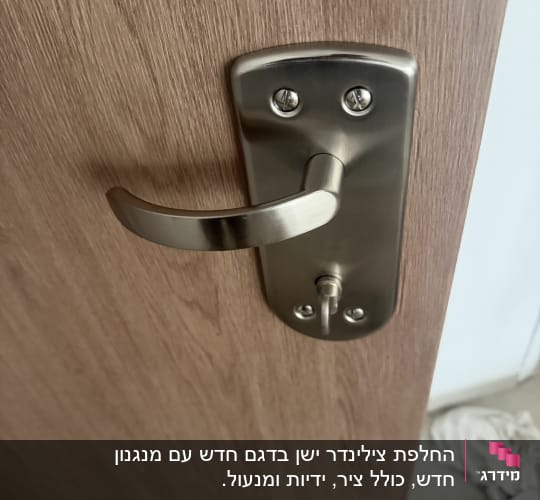 ידית ומנגנון נעילה ממתכת המותקנים על דלת ממ"ד